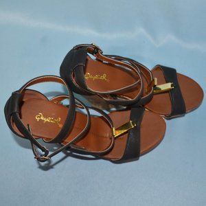 Quipd Black Leather Strappy Gold Tan Wedge 5.5